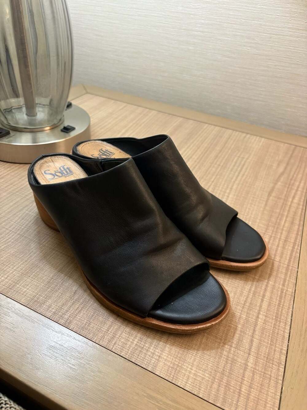 Söfft Black Leather Open Toe Slide Heeled Mules Sandals Size 10M